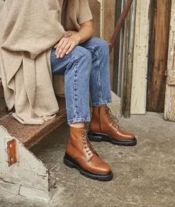 Femme Paire et Fils Boots-Combat boots femme en cuir cognac