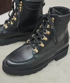 Femme Paire et Fils Boots-COMBAT BOOTS FEMME EN CUIR NOIR