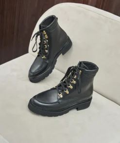 Femme Paire et Fils Boots-COMBAT BOOTS FEMME EN CUIR NOIR