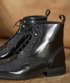 Homme Paire et Fils Combat Boots Homme-Combat boots homme en cuir noir vernis