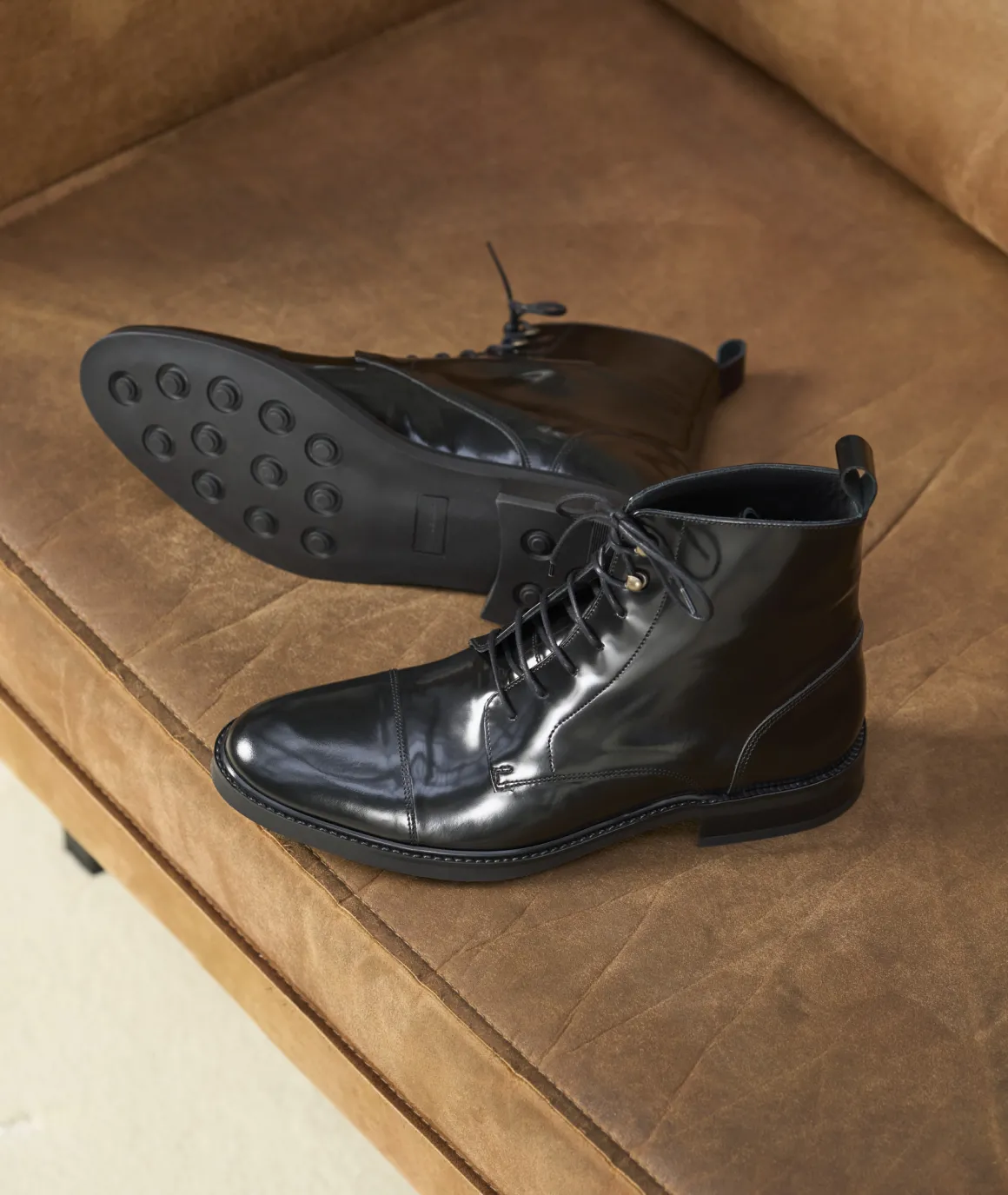 Homme Paire et Fils Combat Boots Homme-Combat boots homme en cuir noir vernis