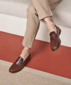 Homme Paire et Fils Mocassins-Mocassin en cuir patiné marron