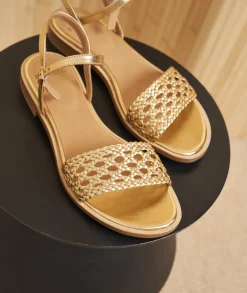Femme Paire et Fils Sandales-Sandales plates en cuir doré