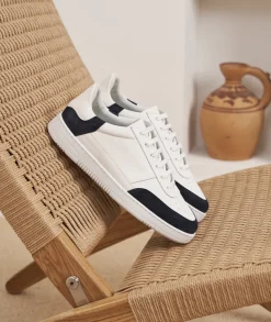 Homme Paire et Fils Sneakers-Sneakers en cuir blanc et daim bleu marine