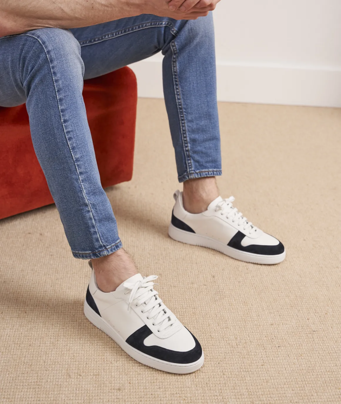 Homme Paire et Fils Sneakers-Sneakers en cuir blancet daim bleu marine